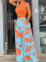 Plus Size Two Piece Set Women Casual Solid Sleeveless Tank Top Wide Leg Pants
