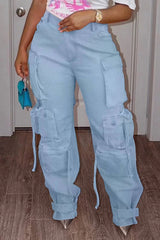 Trendy High Waist Cargo Jeans in Pink and Light Blue