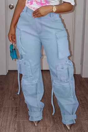 Trendy High Waist Cargo Jeans in Pink and Light Blue